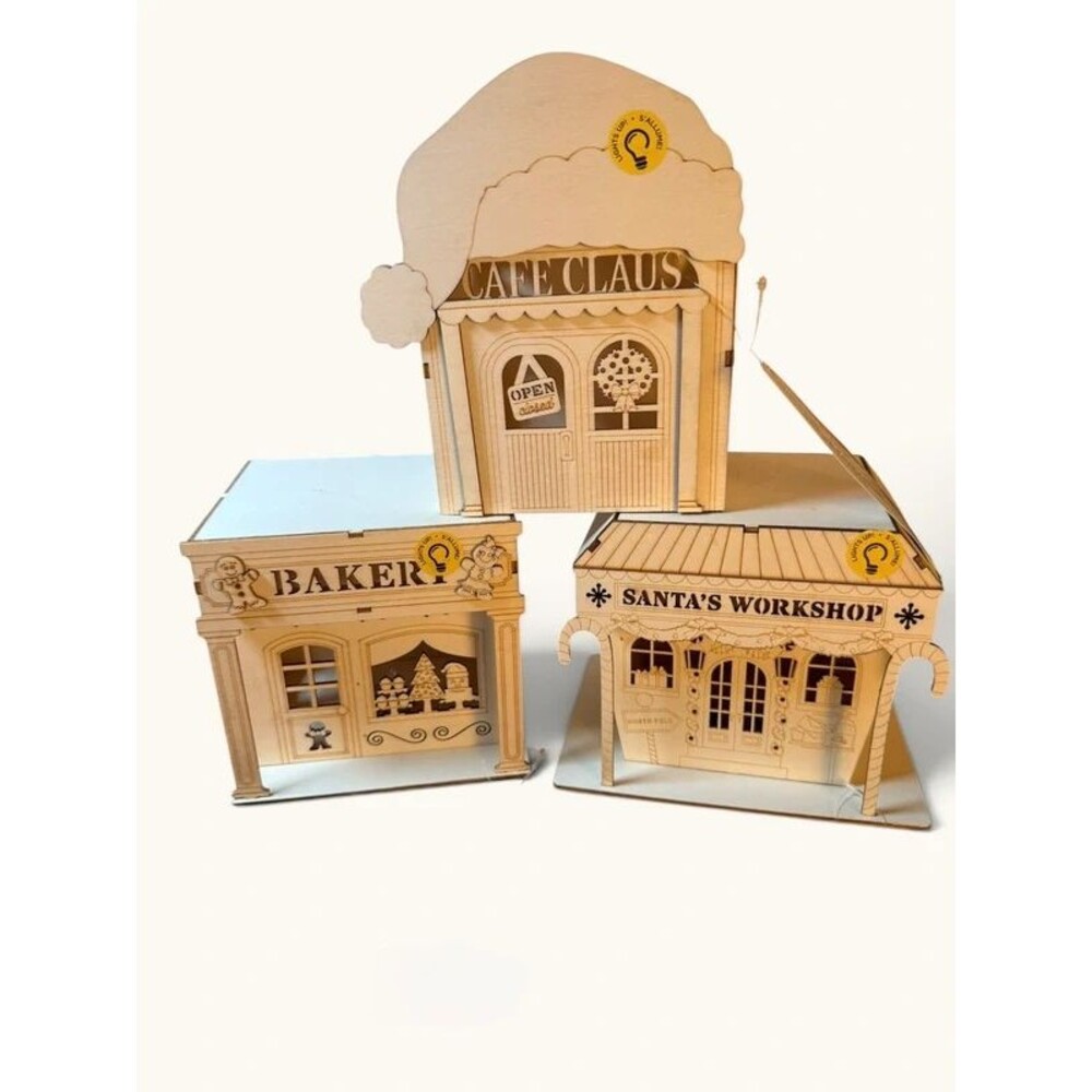 Make Market DIY Light-Up Wooden Christmas Village Lot of 3 - Cafe Claus, Baker,